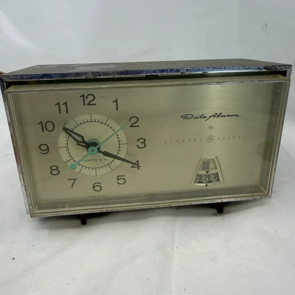 Vintage General Electric Date Alarm Clock Model 7349K Gold MCM USA Untested